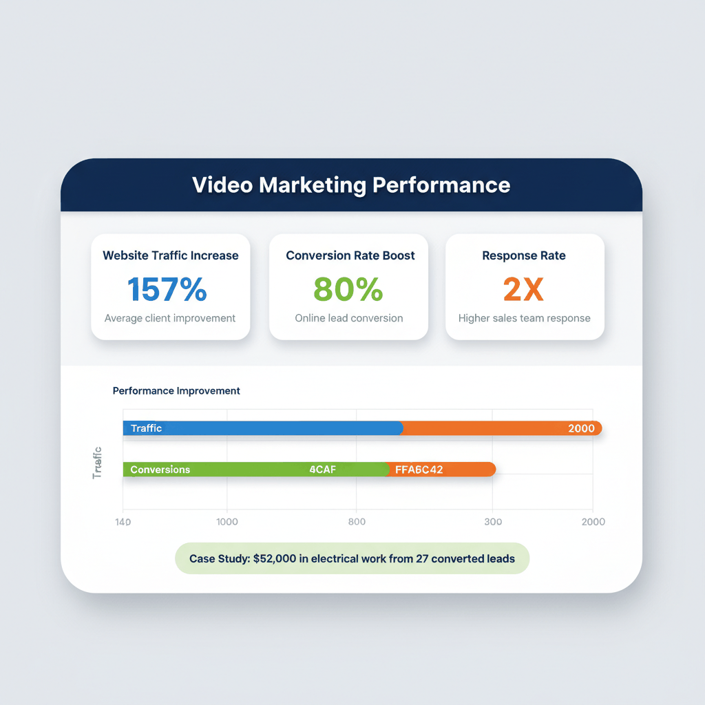 Video marketing results dashboard showing 157% traffic increase, 80% conversion improvement, and 2X response rates for electrical contractors