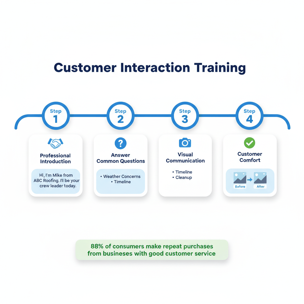 Customer interaction training framework showing four-step process for roofing crew communication skills and professional customer service