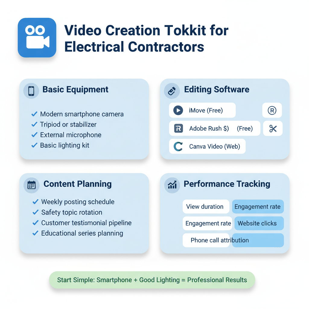 Video creation toolkit guide showing equipment, software, and planning resources for electrical contractor video marketing