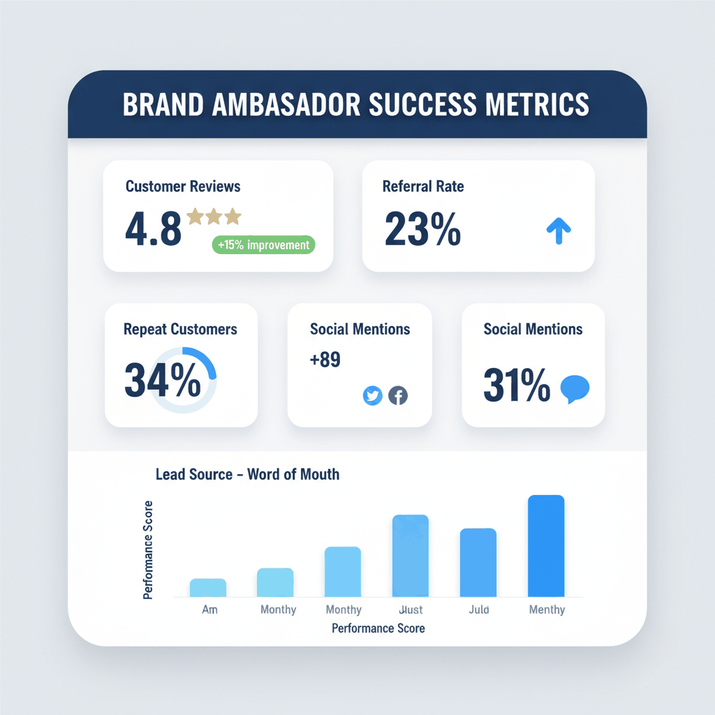 Brand ambassador success metrics dashboard showing 4.8-star customer reviews, 23% referral rate, and 31% word-of-mouth leads for roofing companies