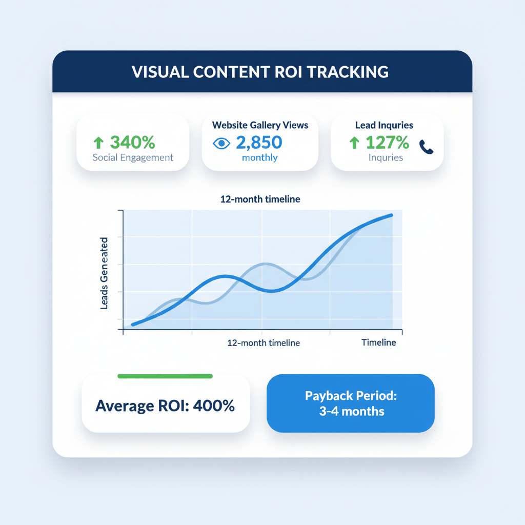 ROI measurement dashboard showing 400% average return and 127% increase in leads from garage door before after photo marketing