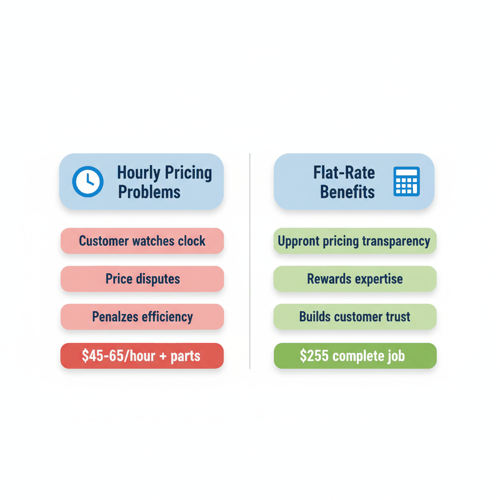 Comparison chart showing hourly pricing problems versus flat-rate pricing benefits for appliance repair businesses