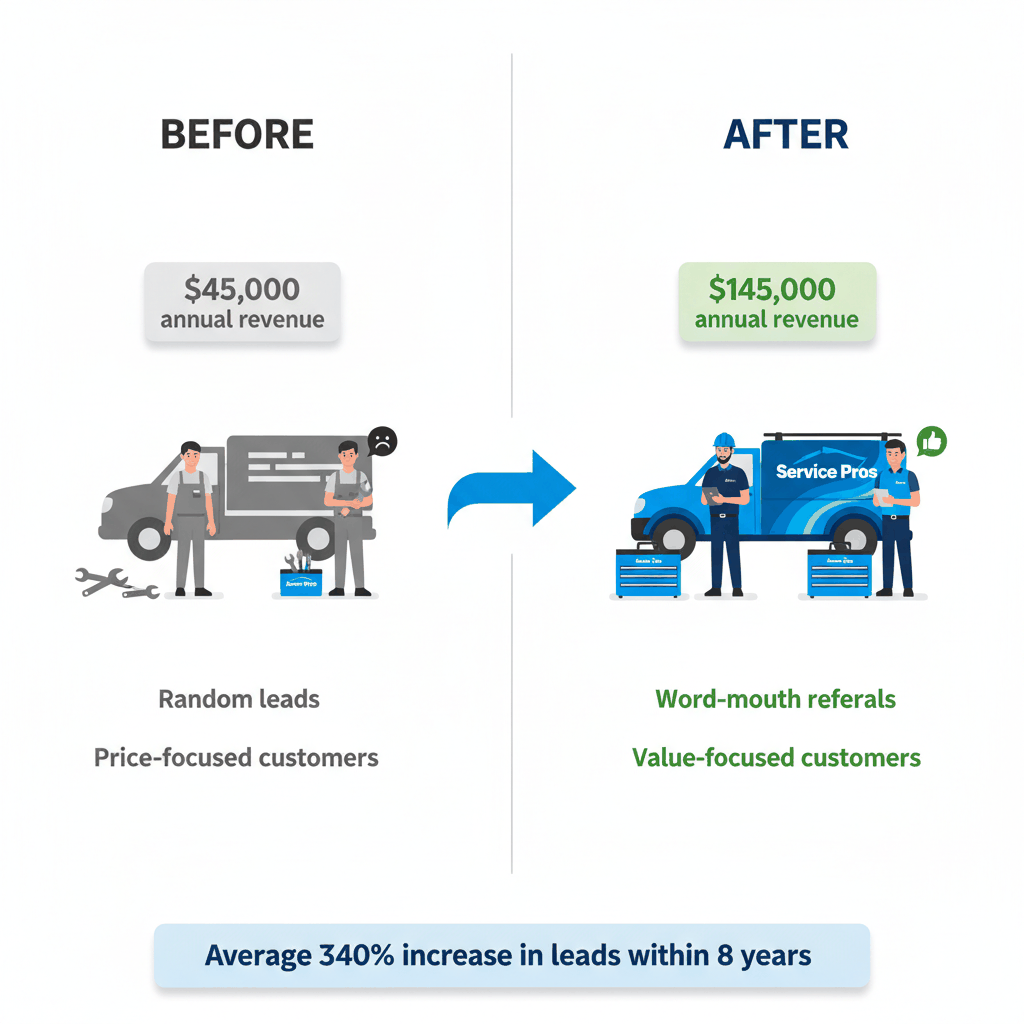 Before and after comparison showing roofing company transformation from $45k to $145k annual revenue through crew branding and professional appearance