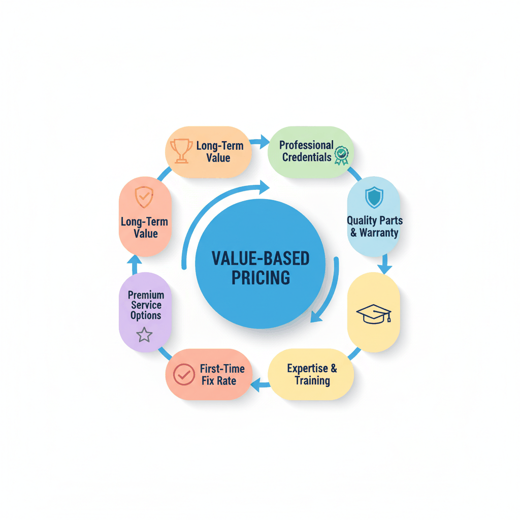 Circular framework diagram showing six key elements of value-based pricing strategy for appliance repair services