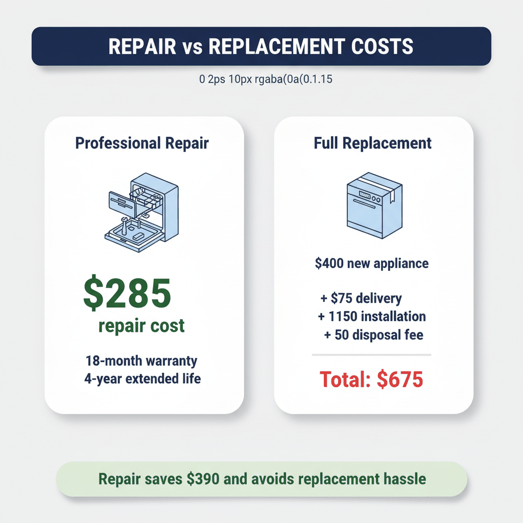 Cost comparison showing $285 appliance repair versus $675 total replacement costs including delivery and installation