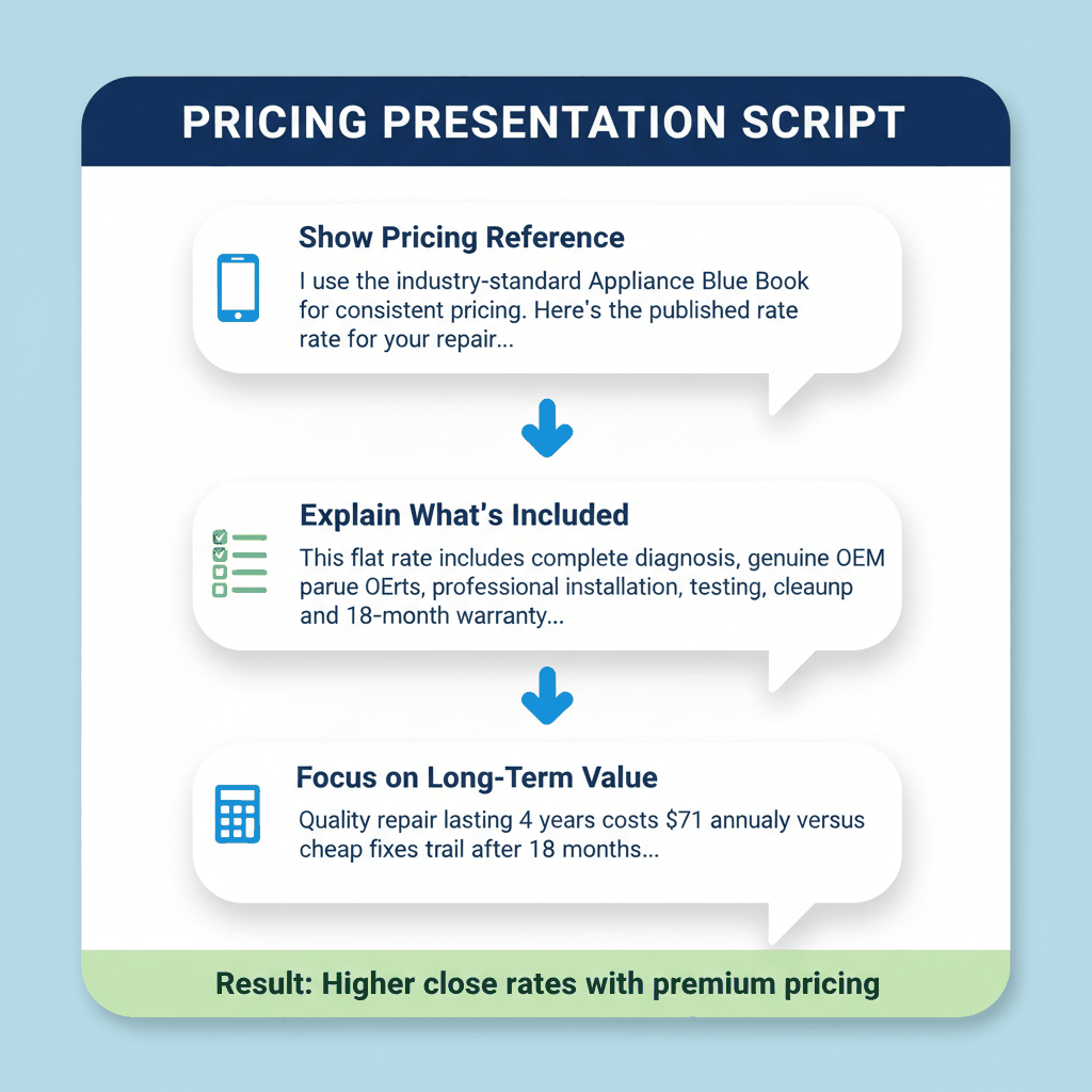 Three-step customer communication script template for presenting appliance repair pricing professionally