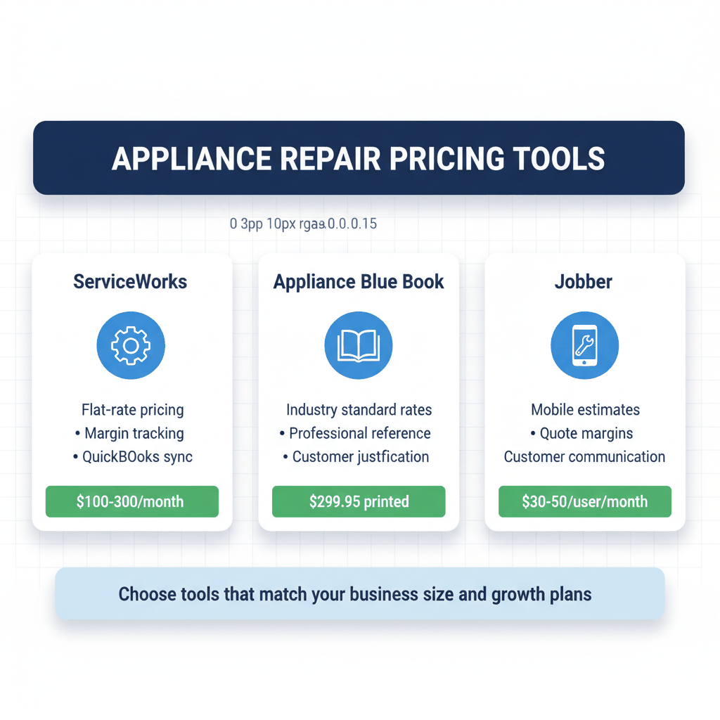 Dashboard showing three essential appliance repair pricing tools - ServiceWorks, Appliance Blue Book, and Jobber with features and pricing