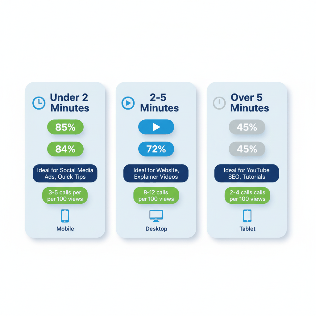 Video length performance comparison chart showing optimal 2-5 minute duration for plumbing marketing videos