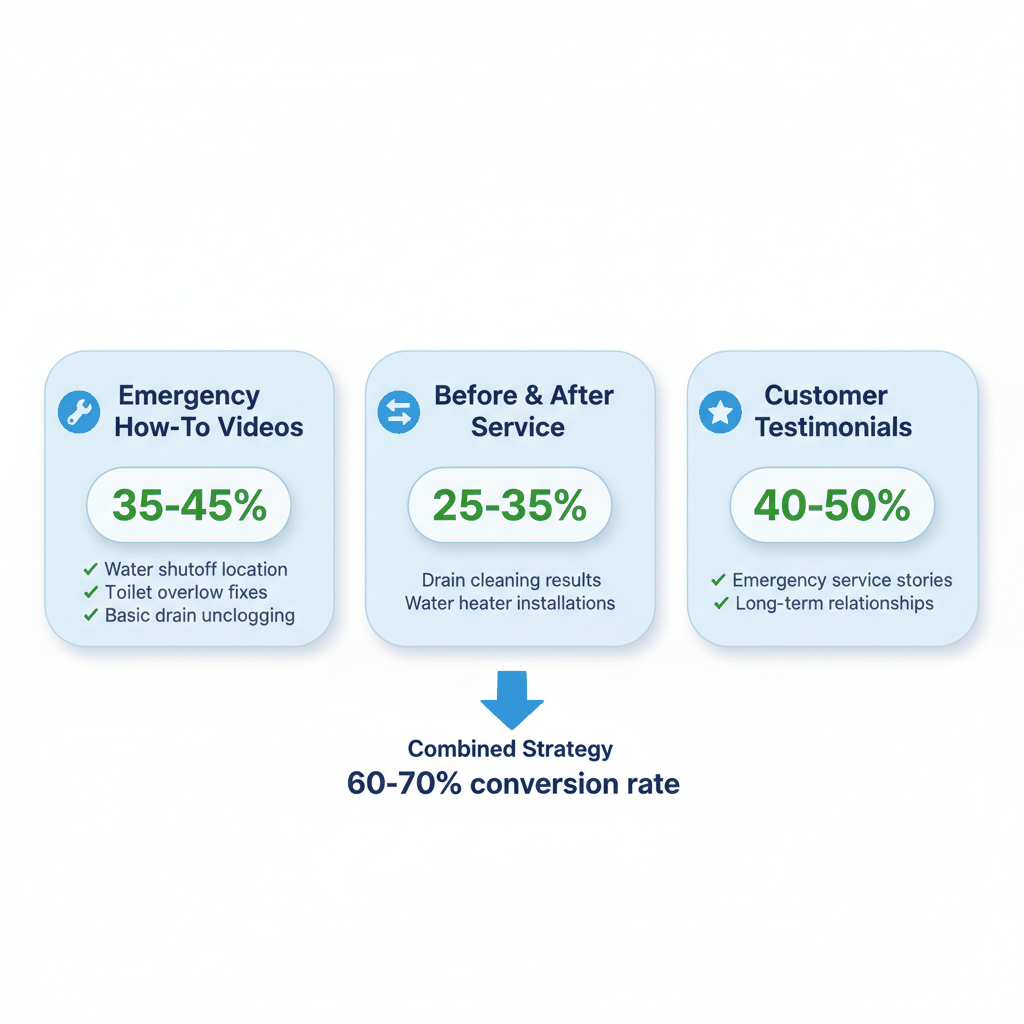 Three high-converting plumbing video types infographic showing emergency tutorials, before-after demos, and testimonials with conversion rates