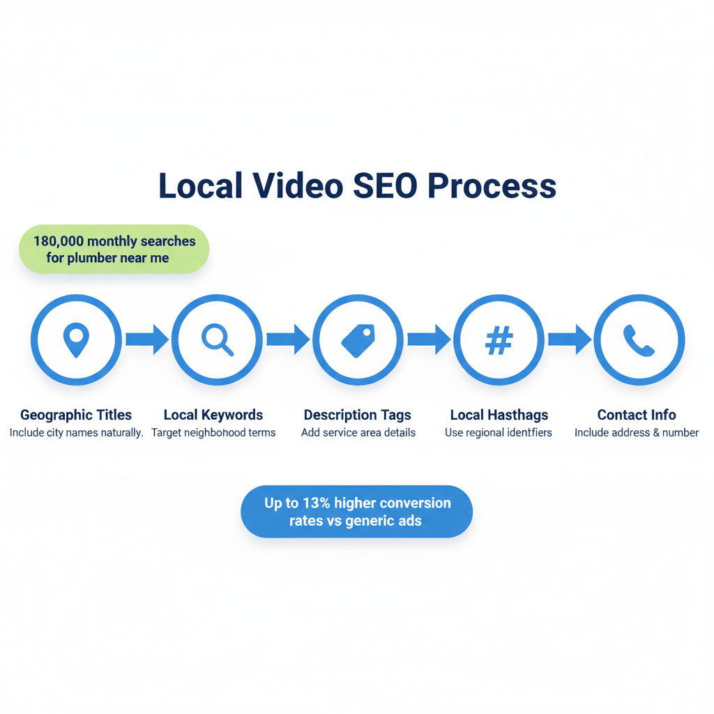 Local SEO video optimization process flow showing five steps from geographic titles to contact information