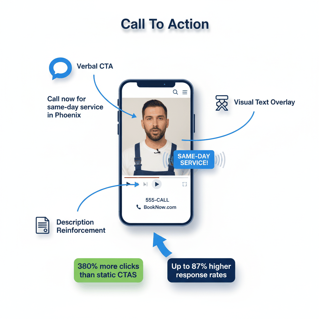 Triple CTA strategy framework showing verbal, visual, and written call-to-action methods for plumbing marketing videos