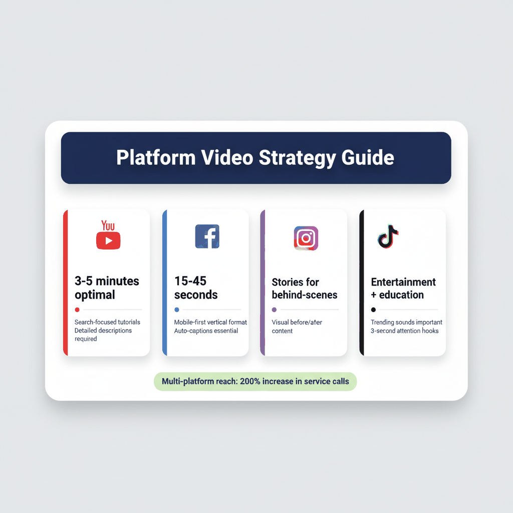 Platform-specific video strategy comparison showing optimal formats for YouTube, Facebook, Instagram and TikTok
