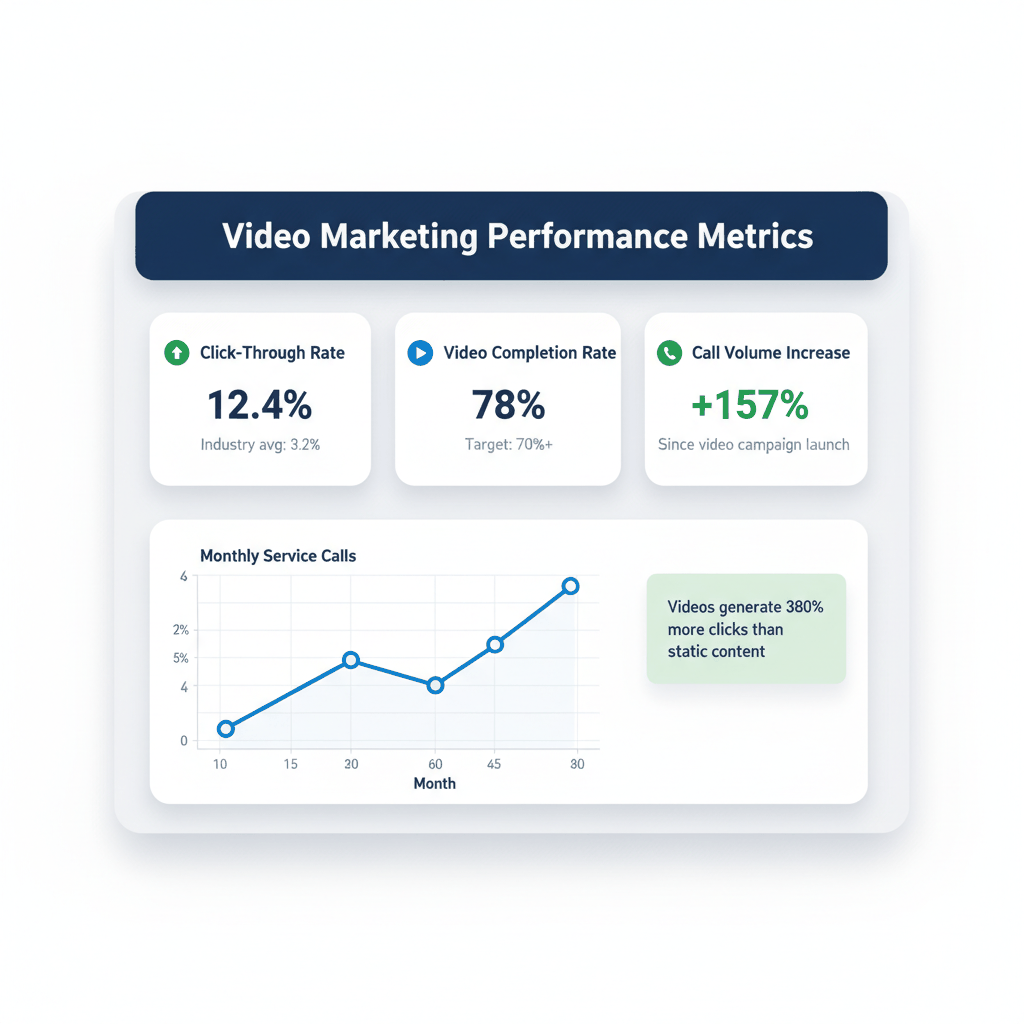 Video marketing ROI measurement dashboard showing click-through rates, completion rates, and call volume increases