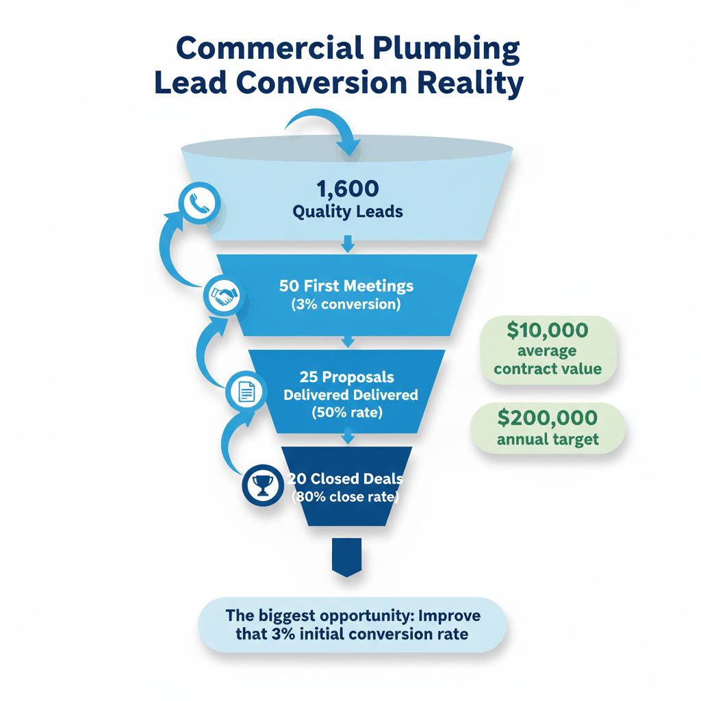 Commercial plumbing lead conversion funnel showing 1600 leads to 20 closed deals statistics - lead qualification process