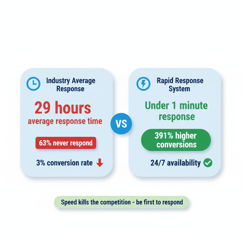 Response time comparison showing 29 hours vs under 1 minute response with 391% conversion increase - plumbing lead response systems