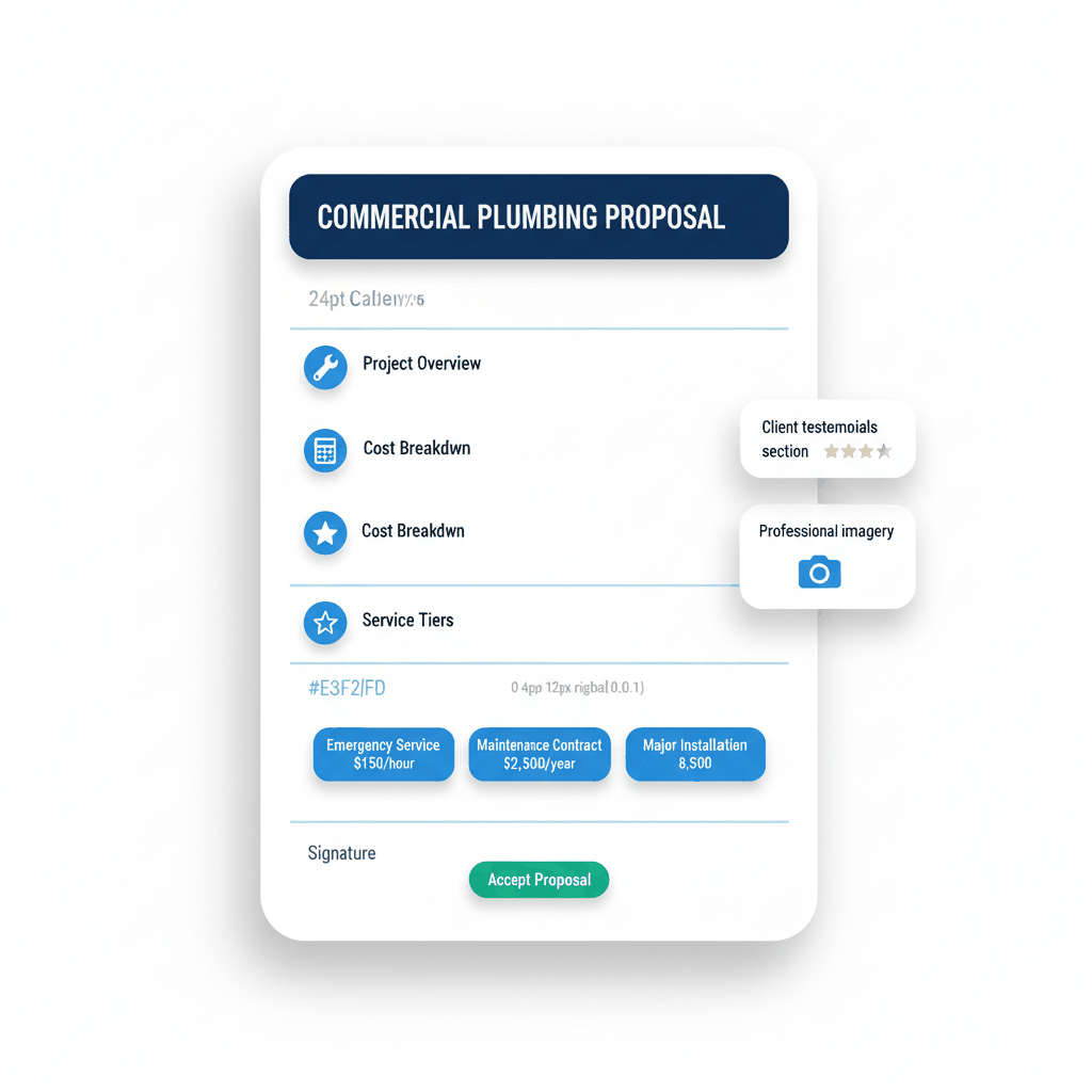 Professional commercial plumbing proposal template showing project overview, pricing, and service tiers - plumbing proposal creation