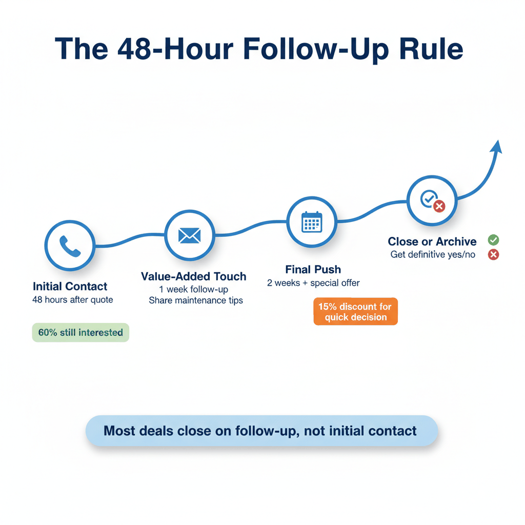 Commercial plumbing lead follow-up sequence timeline showing 48-hour rule and systematic contact schedule - lead nurturing process