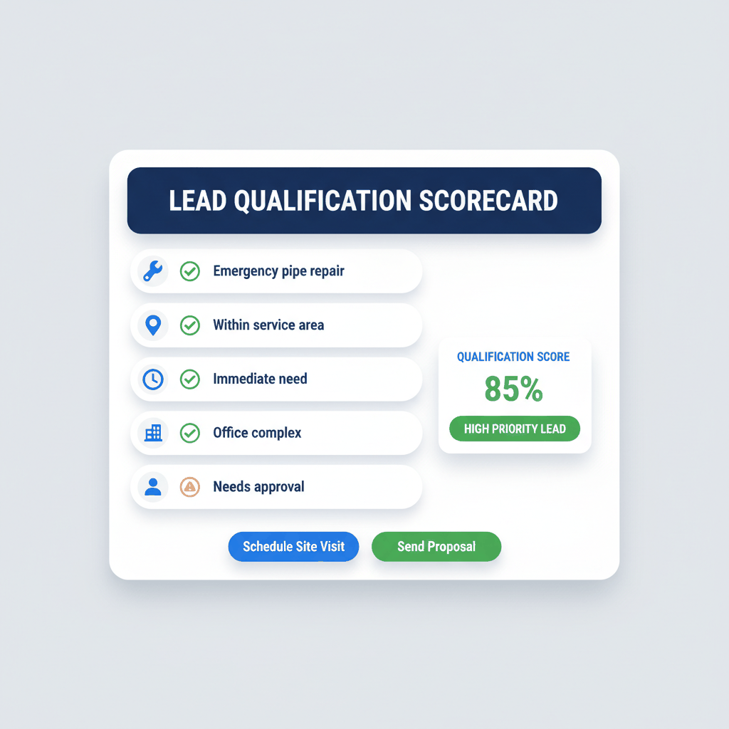 Commercial plumbing lead qualification scorecard showing five-point system with 85% priority score - lead qualification process