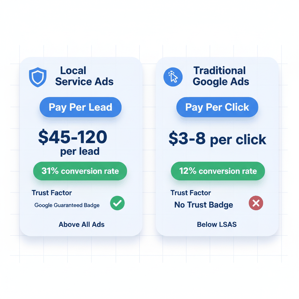 Detailed comparison chart showing Local Service Ads vs Traditional Google Ads costs, conversion rates, and placement benefits for roofing contractors