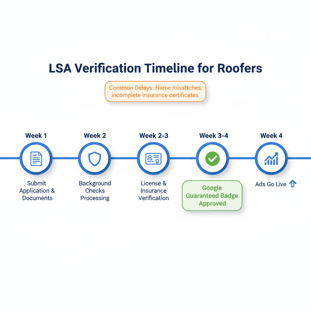 Step-by-step timeline showing 4-week LSA verification process for roofing contractors including application, background checks, and approval stages
