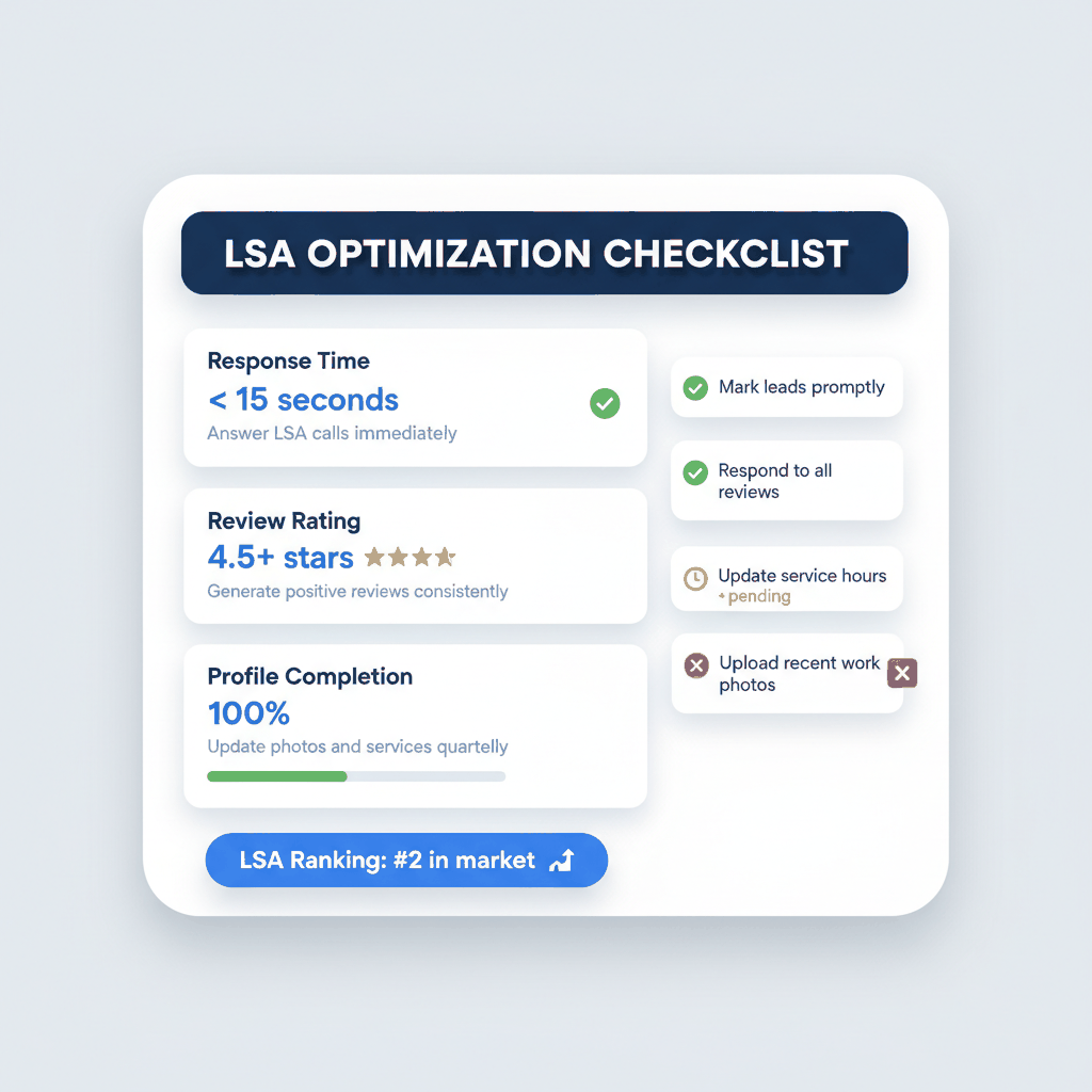 LSA optimization dashboard showing response time metrics, review management, and profile completion checklist for roofing contractors