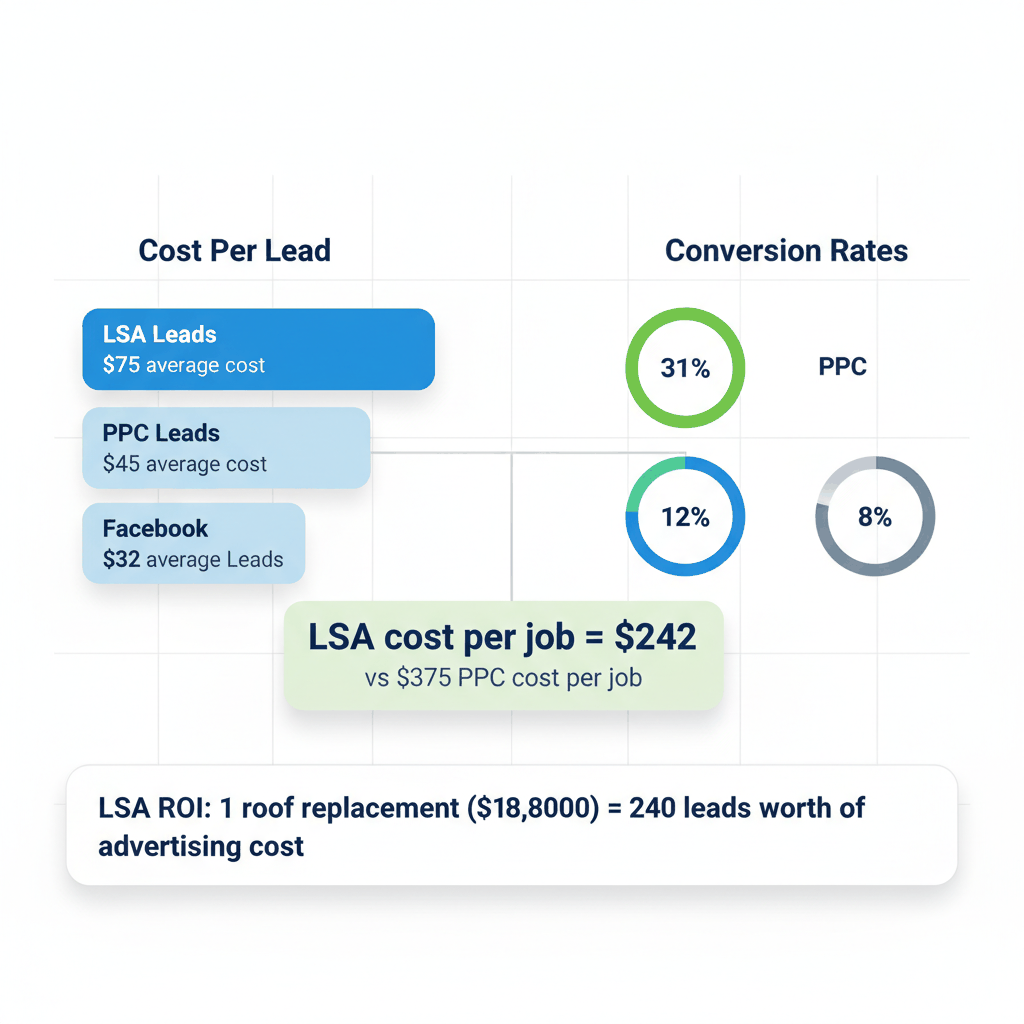 Cost analysis chart comparing LSA lead costs vs conversion rates showing $242 cost per job versus $375 for PPC leads in roofing