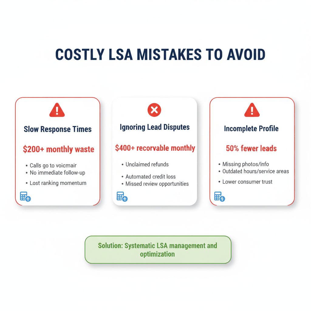 Warning infographic showing common LSA mistakes costing roofers money including slow response times and incomplete profiles with financial impact