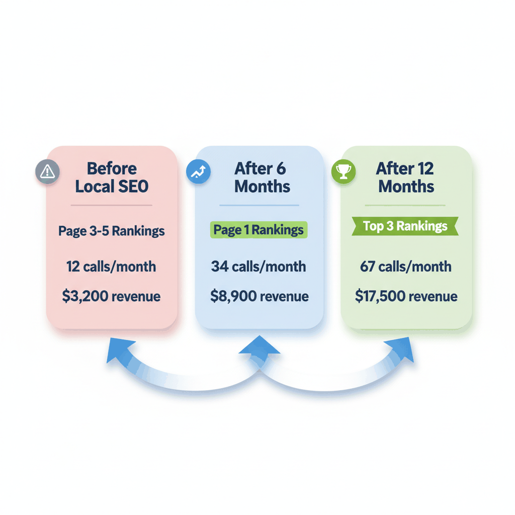 Local SEO results comparison showing electrician business growth from 12 calls to 67 calls per month with improved Google rankings