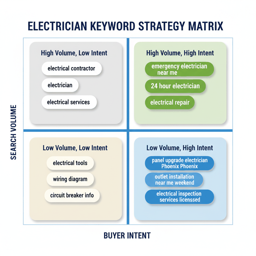 Keyword research strategy matrix showing high-intent electrical service keywords like emergency electrician and panel upgrade electrician