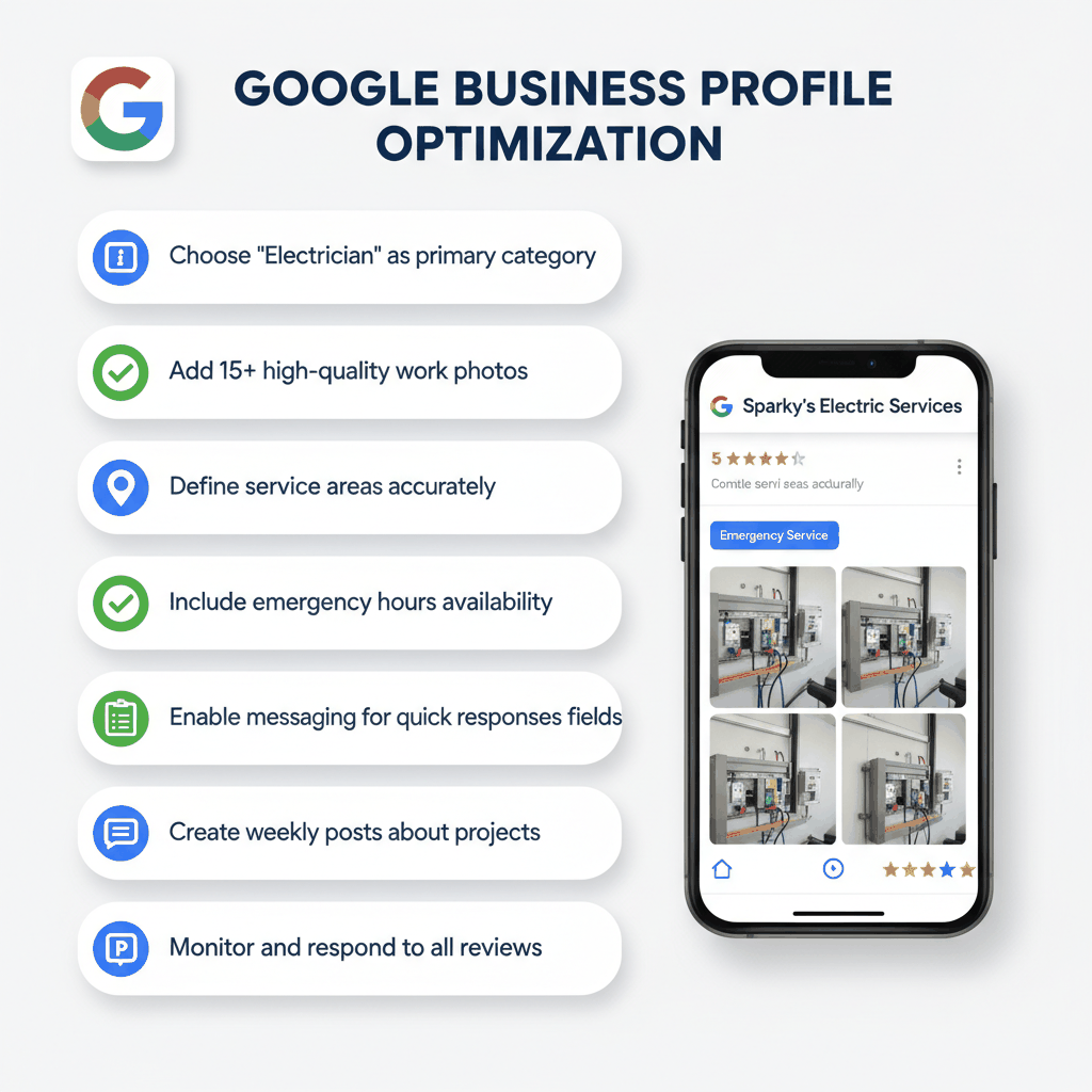 Google Business Profile optimization checklist for electricians showing 8 essential steps including category selection and photo uploads
