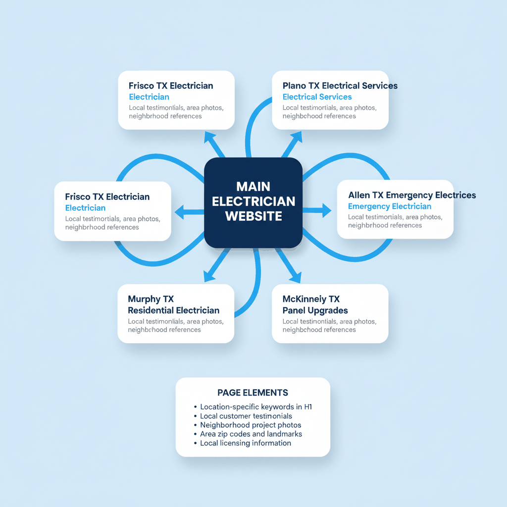 Service area page structure showing electrician website organization with location-specific pages for Frisco, Plano, Allen, McKinney, and Murphy Texas