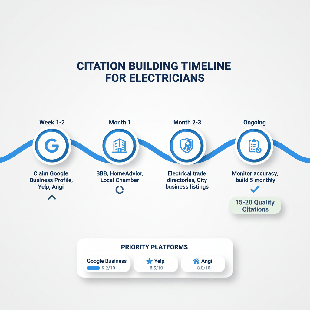 Citation building timeline for electricians showing 4-phase approach from Google Business Profile setup to ongoing maintenance with priority platforms