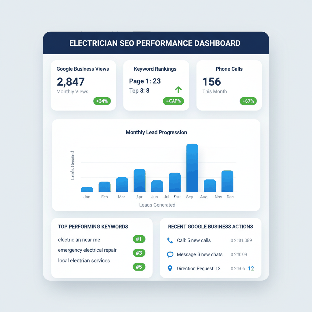 SEO performance dashboard showing electrician metrics including 2,847 Google Business views, 23 page 1 keyword rankings, and 156 monthly phone calls