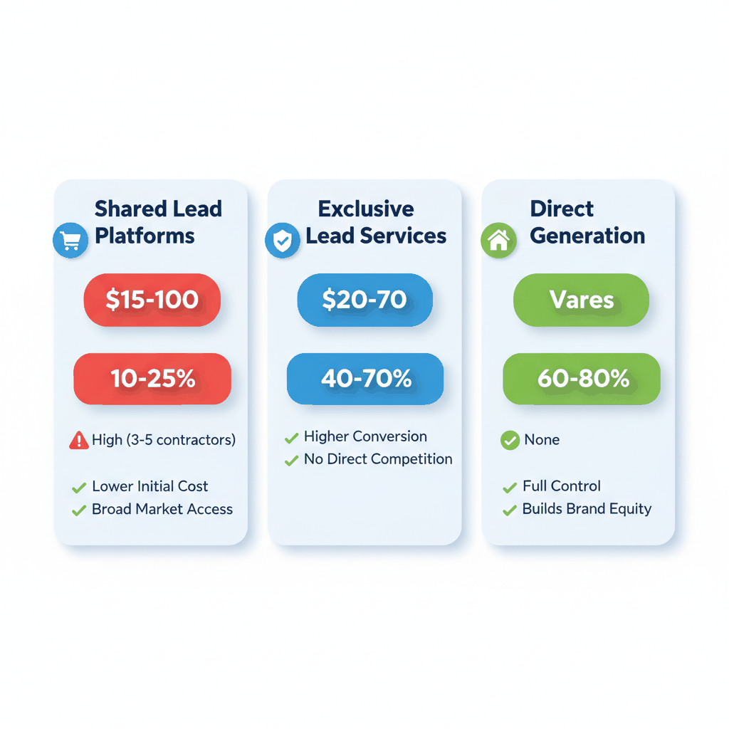 Comparison chart showing exclusive vs shared garage door repair lead costs and conversion rates - lead generation ROI