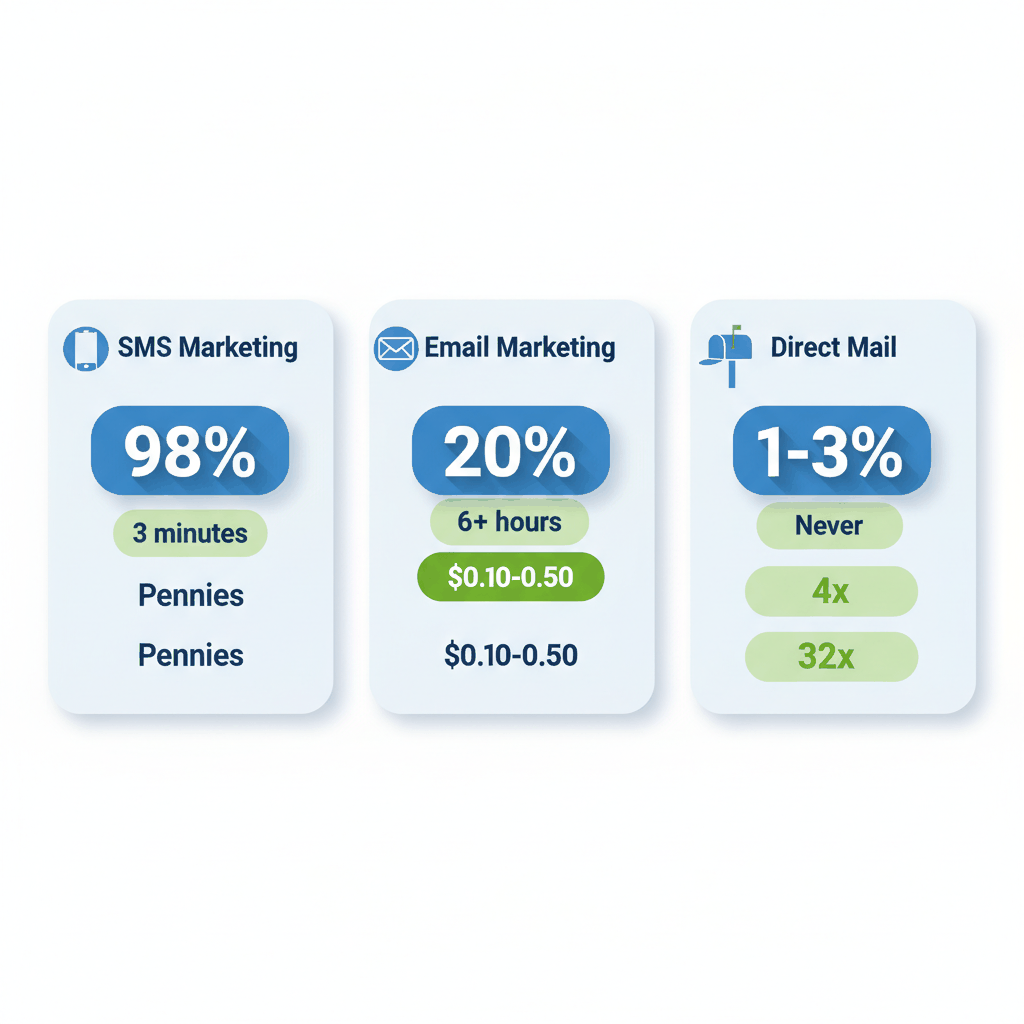 SMS marketing 98% open rate comparison vs email 20% and direct mail 3% for appliance repair businesses