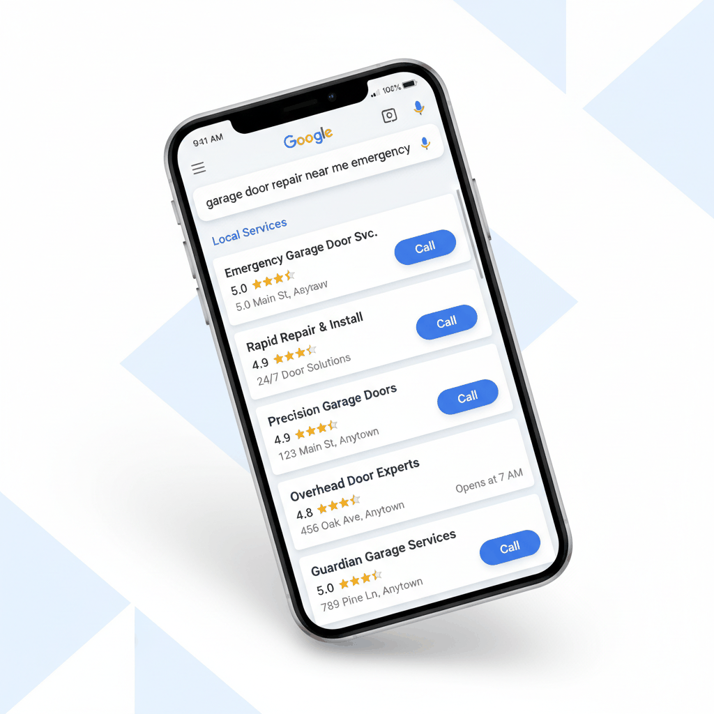 Mobile phone showing garage door repair search results and Local Services Ads - mobile SEO optimization