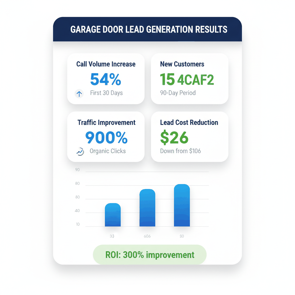 Analytics dashboard showing 900% traffic increase and 50% call volume growth for garage door company - exclusive lead generation ROI