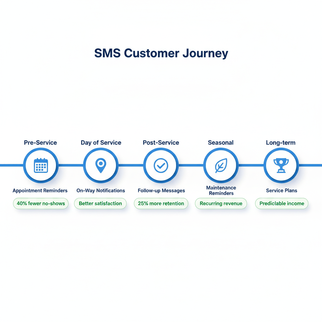 Five SMS reminder strategies timeline from pre-service appointment reminders to long-term service plans for appliance repair