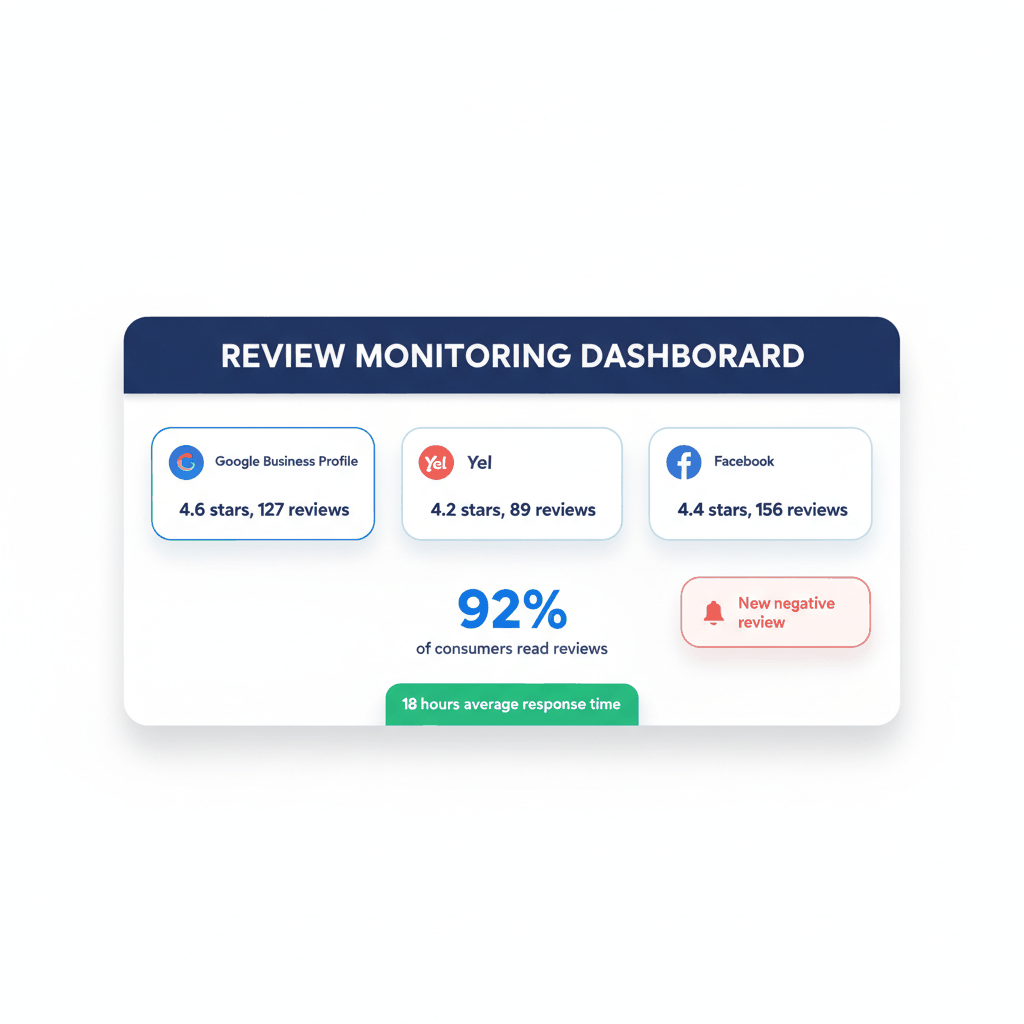 Moving company reputation management dashboard showing review monitoring across Google, Yelp, and Facebook platforms with response tracking