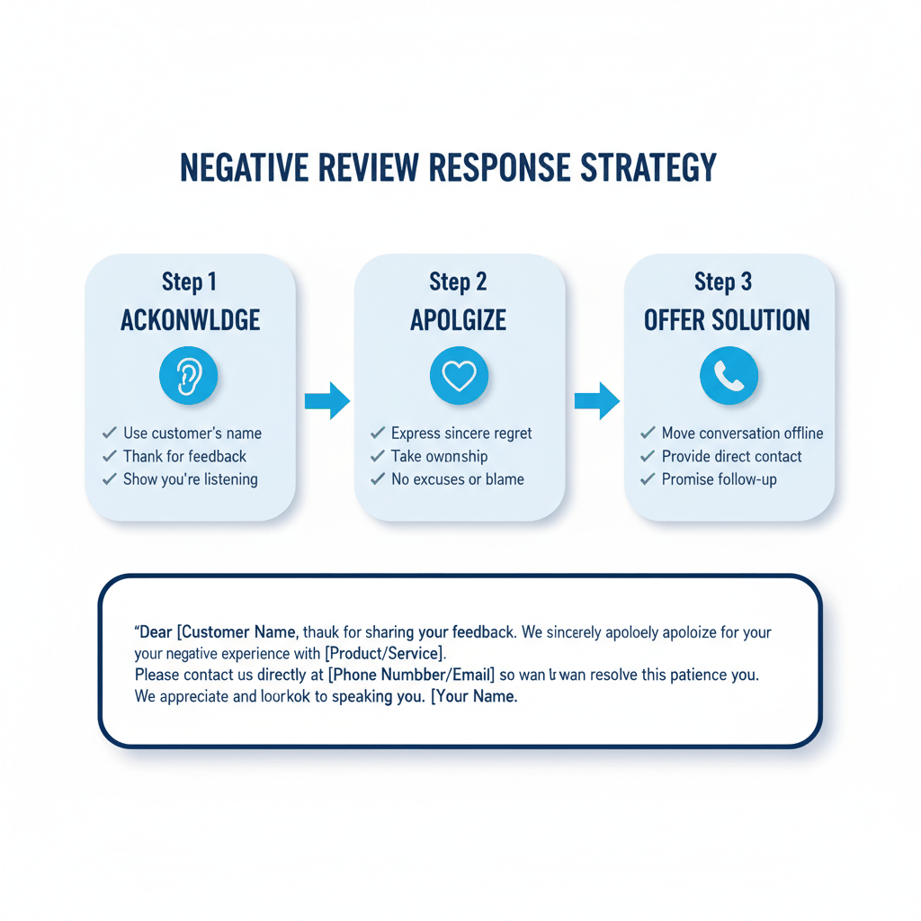 Three-step framework for responding to negative moving company reviews - acknowledge, apologize, offer solution strategy