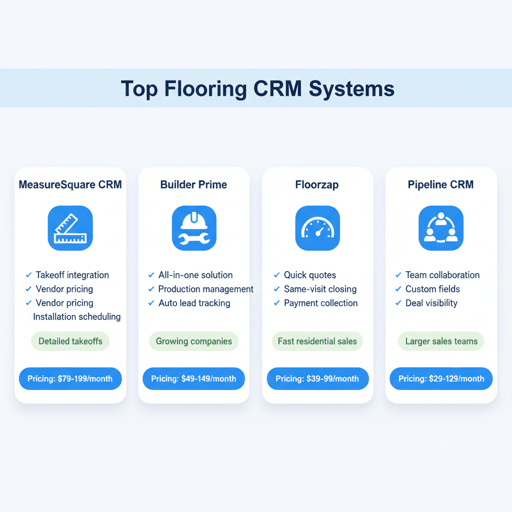 Comparison chart of top 4 flooring CRM systems showing features and best use cases