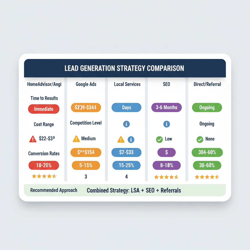 Lead generation strategy comparison showing costs, timeline, and conversion rates for garage door marketing methods