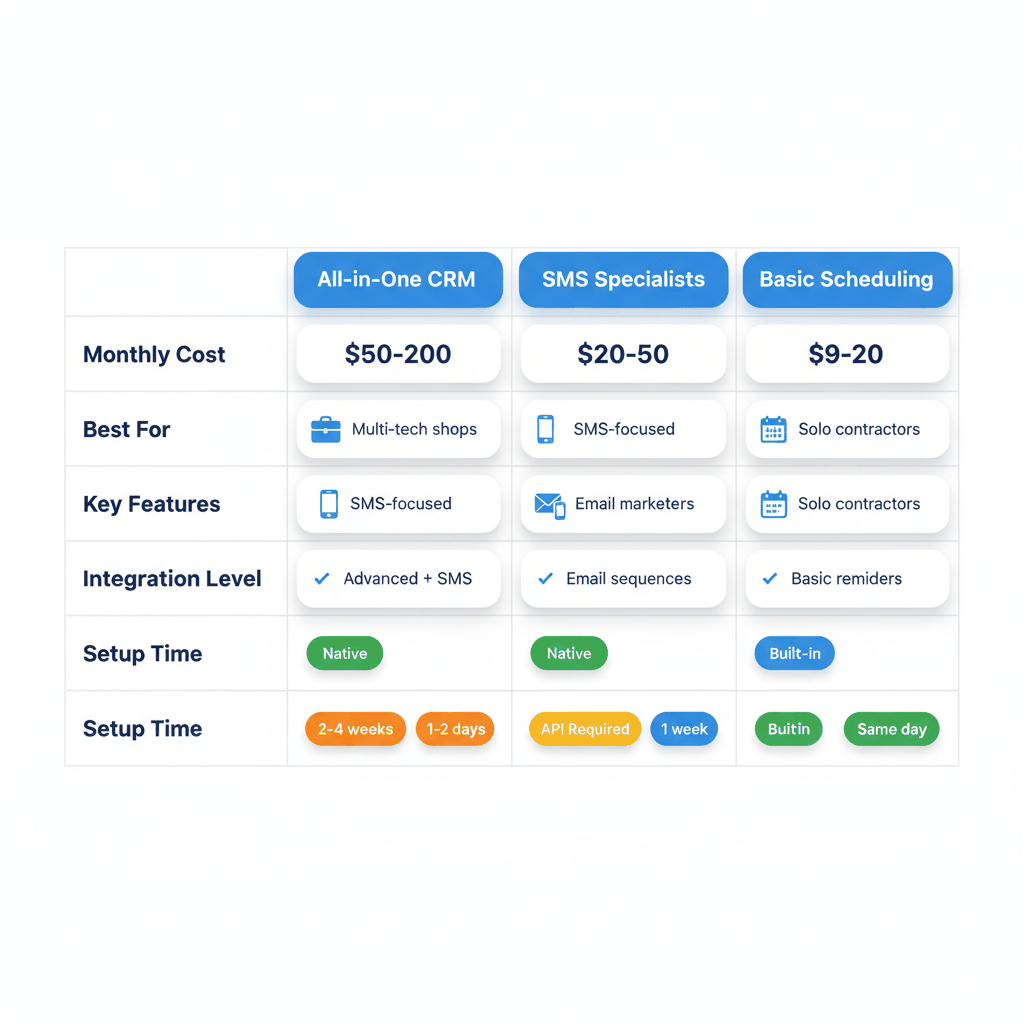 SMS platform comparison for appliance repair: all-in-one CRM vs specialists vs email+SMS vs basic scheduling costs and features