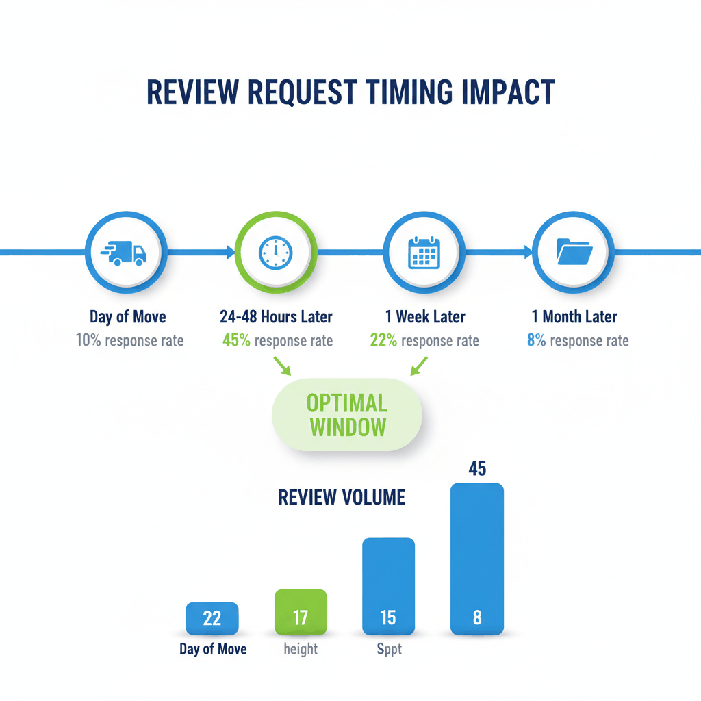 Review request timing comparison showing 45% response rate when asking customers 24-48 hours after moving service completion