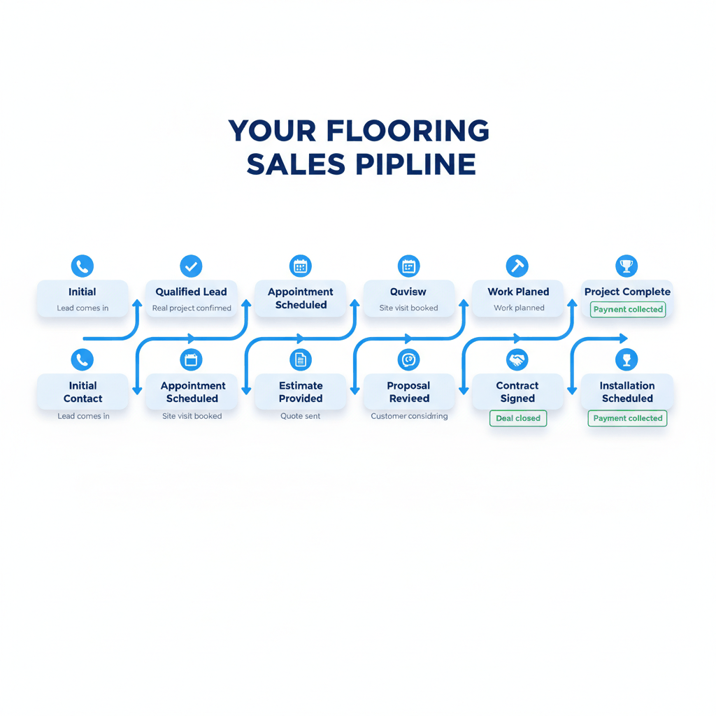 8-stage flooring sales pipeline from initial contact to project completion and payment