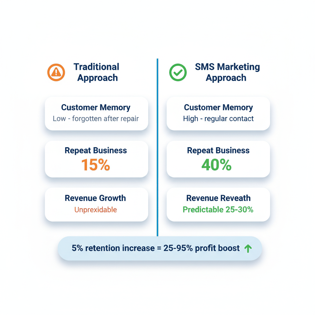 Customer retention comparison: traditional appliance repair 15% repeat business vs SMS marketing 40% repeat business increasing profits 25-95%