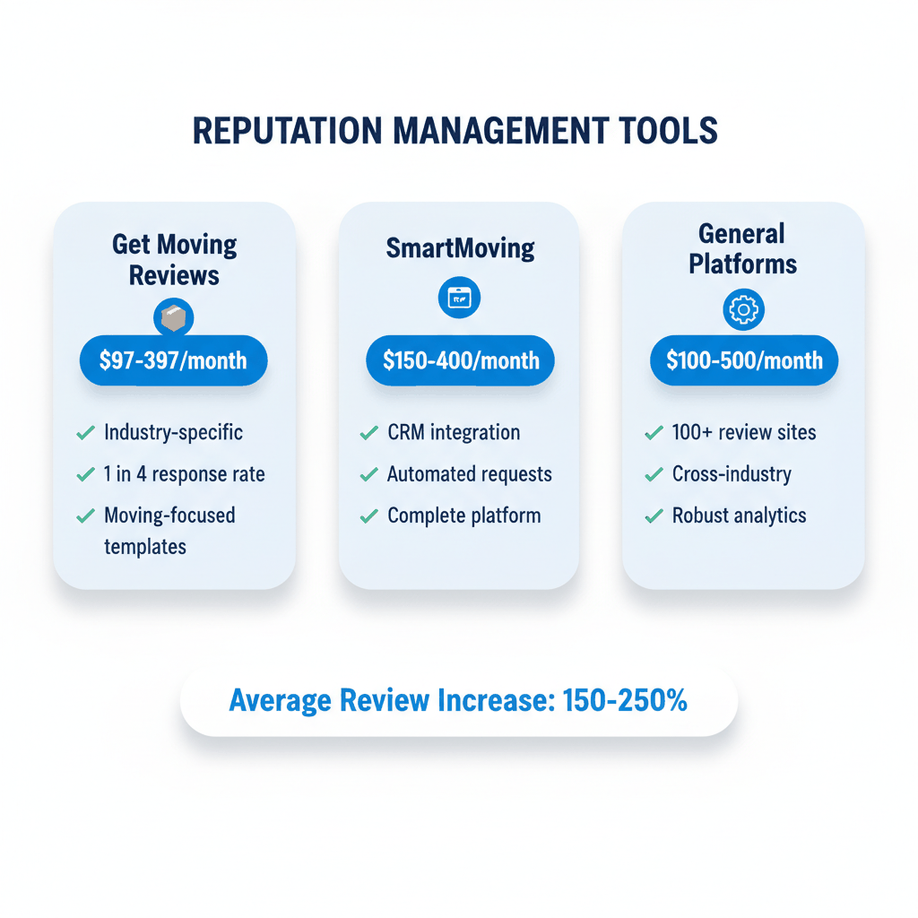 Comparison of reputation management tools for moving companies showing Get Moving Reviews, SmartMoving, and general platforms with pricing and features