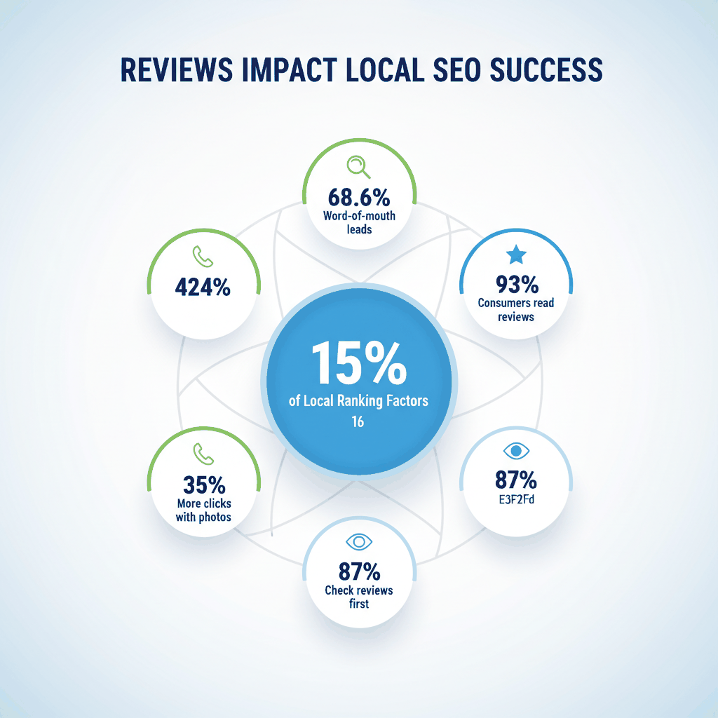 Local SEO impact infographic showing reviews represent 15% of ranking factors with supporting statistics on consumer behavior and word-of-mouth leads