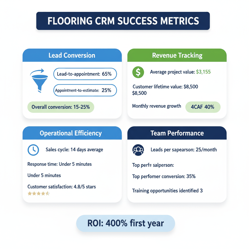 CRM success metrics dashboard showing conversion rates, revenue tracking, and ROI measurements