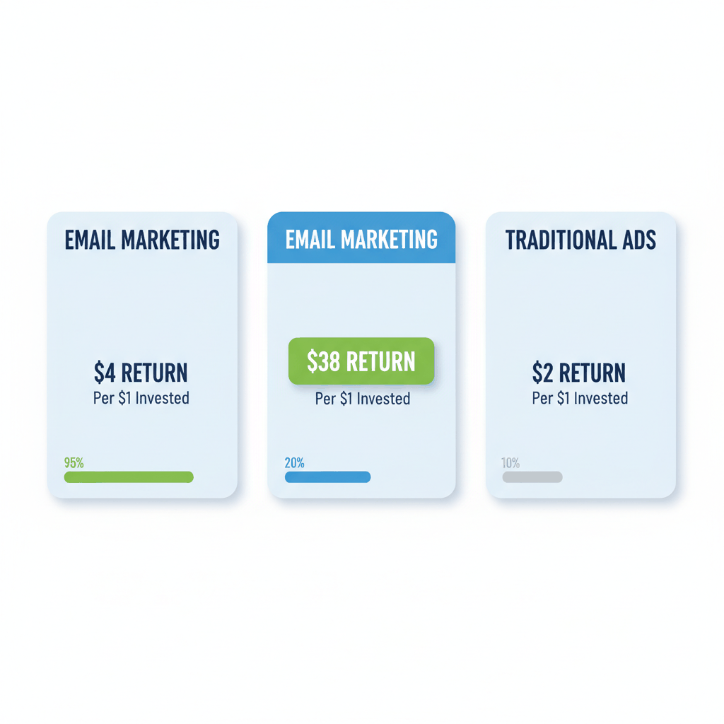 Email marketing ROI comparison showing $38 return per $1 invested versus social media and traditional advertising for restoration companies